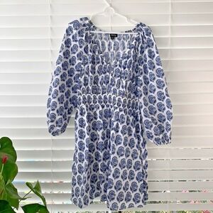 J Crew V Neck Mini Dress Medium Bouquet Block Print Blue White Lined